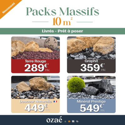 Pack massif 10 m² en gravier décoratif avec enrochement et toile de paillage – Ozaé Matériaux Paysagers