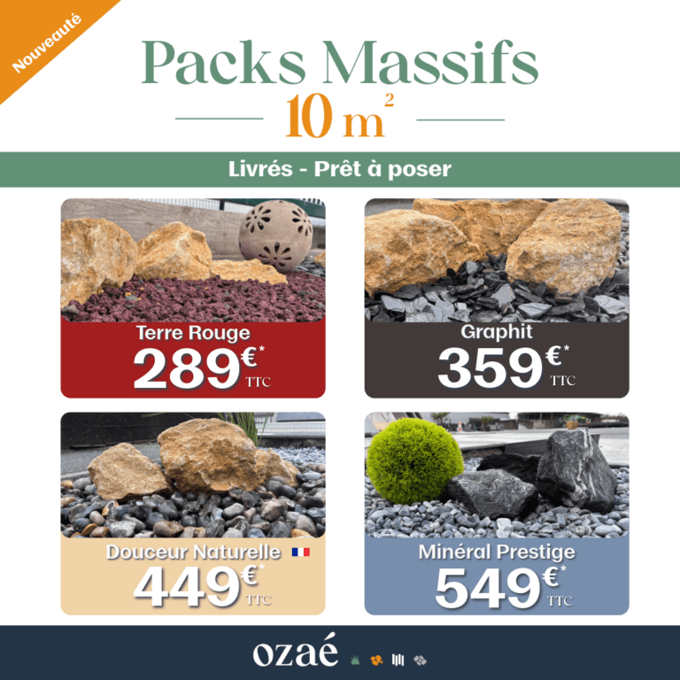 Pack massif 10 m² en gravier décoratif avec enrochement et toile de paillage – Ozaé Matériaux Paysagers